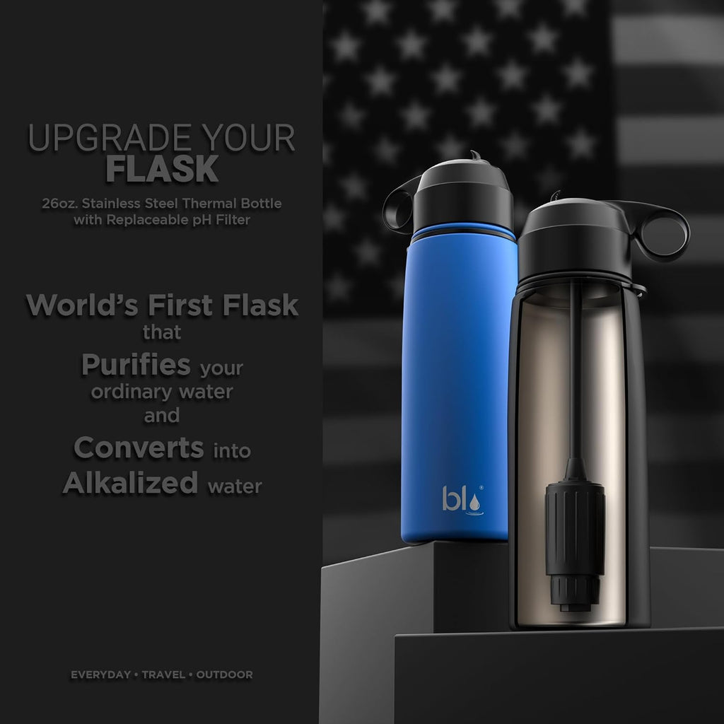 BLU ALL-IN-ONE | Vacuum Insulated Stainless Steel Water Bottle Flask With a pH Filter (26oz) | Made in the USA | Alkaline Water Filter Bottle | Removes 99.99% contaminants (pH - Blue)
