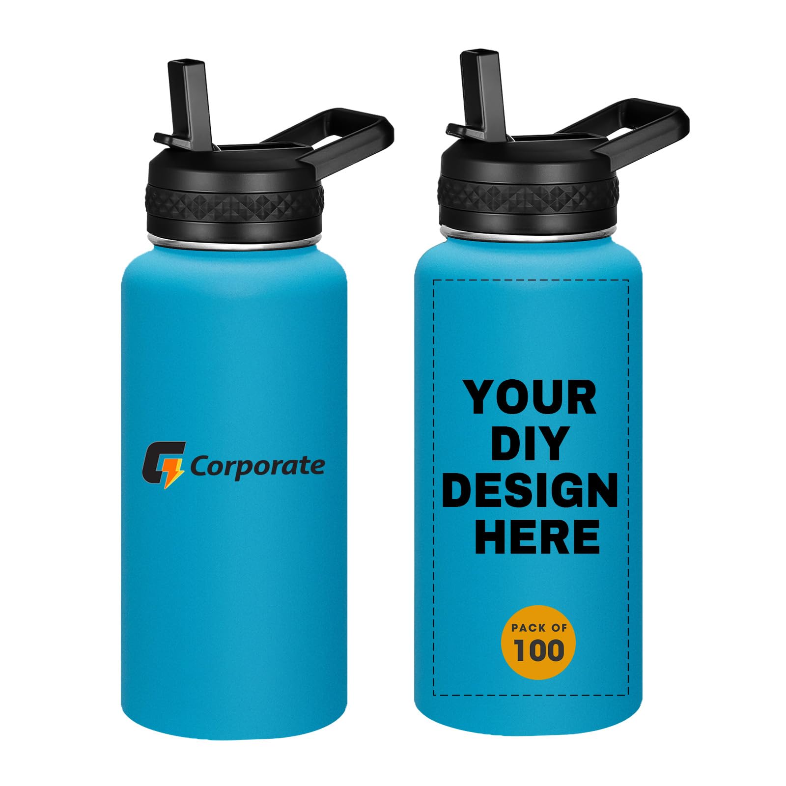 Personalized Custom Water Bottles with Text Logo Print in USA 32oz 10 Pcs Double Wall Stainless Steel Leakproof Wide Mouth Cups with Flip Straw