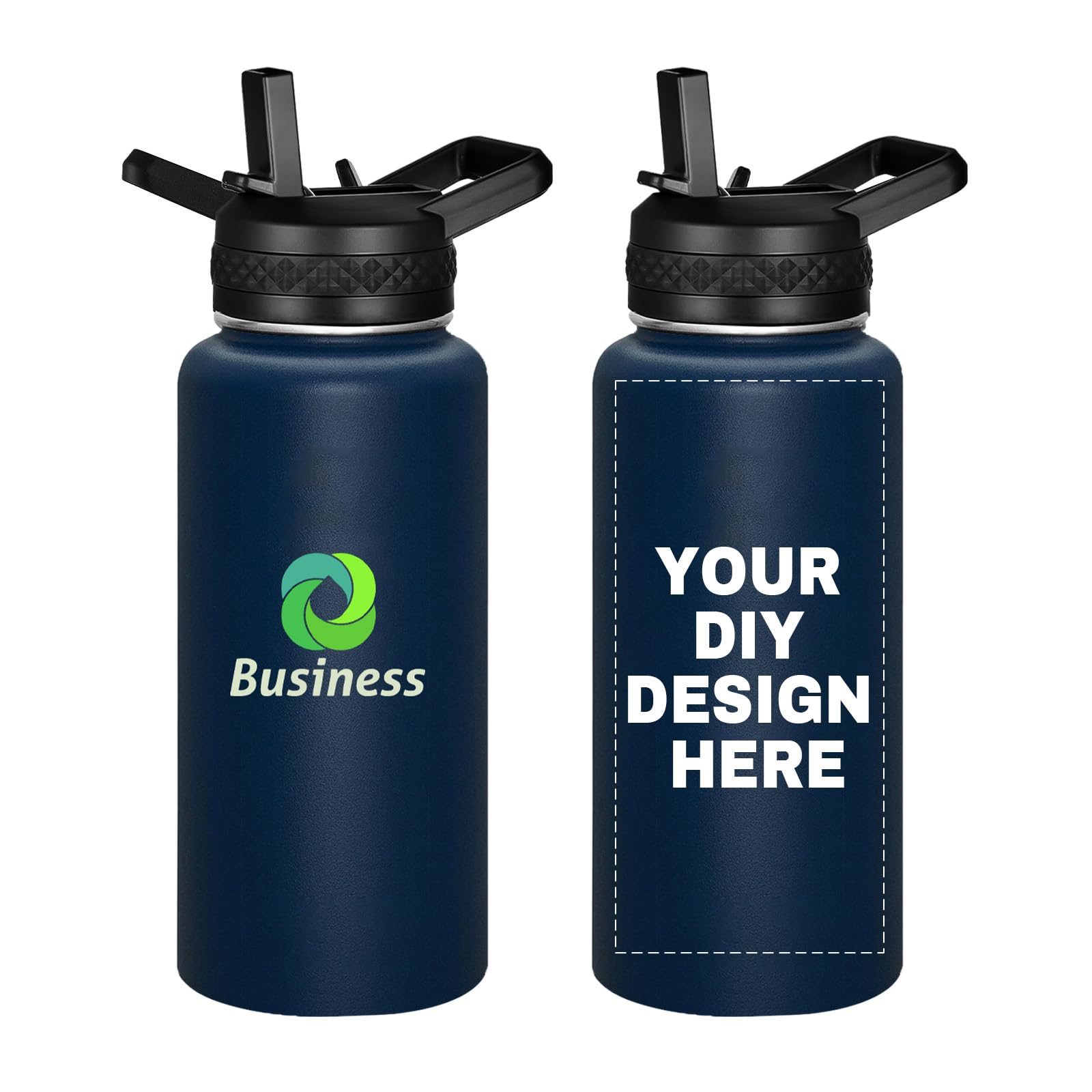 Personalized Custom Water Bottles with Text Logo Print in USA 32oz 10 Pcs Double Wall Stainless Steel Leakproof Wide Mouth Cups with Flip Straw