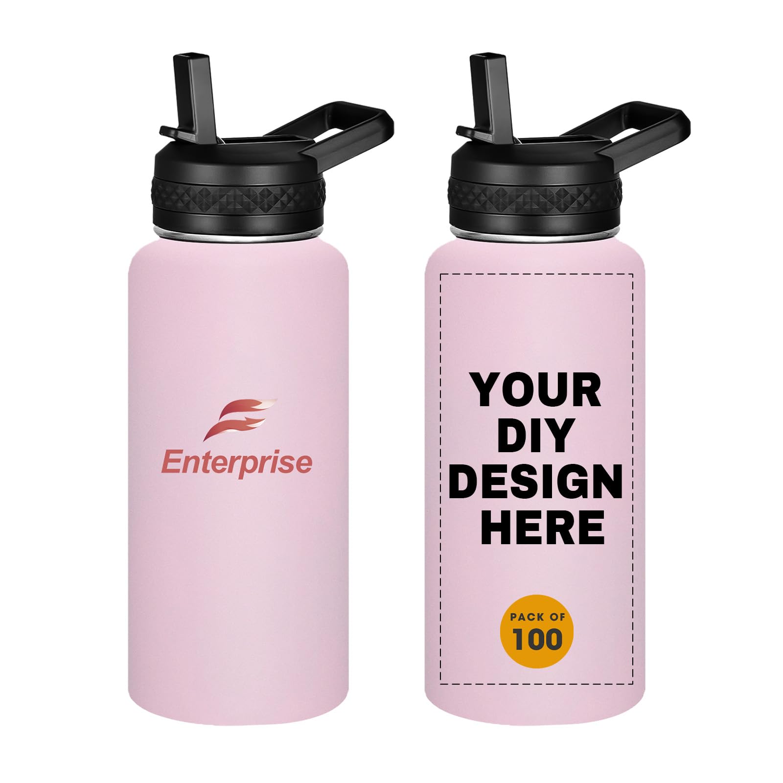 Personalized Custom Water Bottles with Text Logo Print in USA 32oz 10 Pcs Double Wall Stainless Steel Leakproof Wide Mouth Cups with Flip Straw