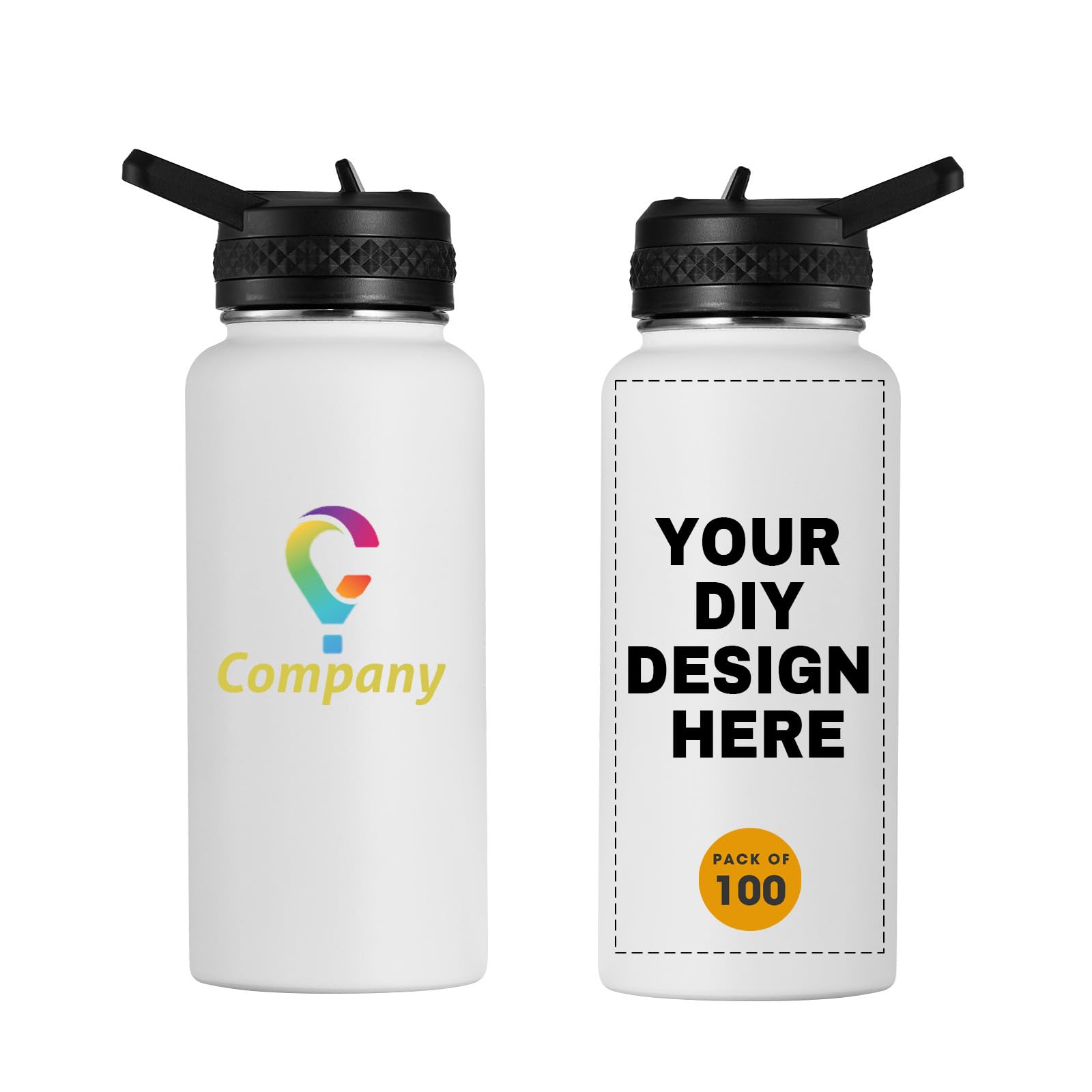 Personalized Custom Water Bottles with Text Logo Print in USA 32oz 10 Pcs Double Wall Stainless Steel Leakproof Wide Mouth Cups with Flip Straw