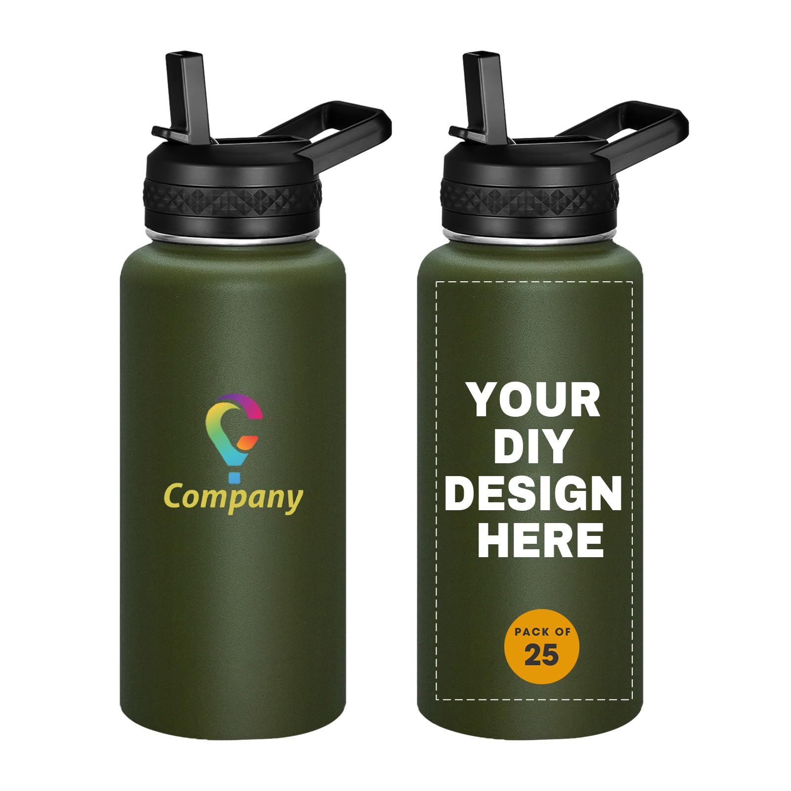 Personalized Custom Water Bottles with Text Logo Print in USA 32oz 10 Pcs Double Wall Stainless Steel Leakproof Wide Mouth Cups with Flip Straw