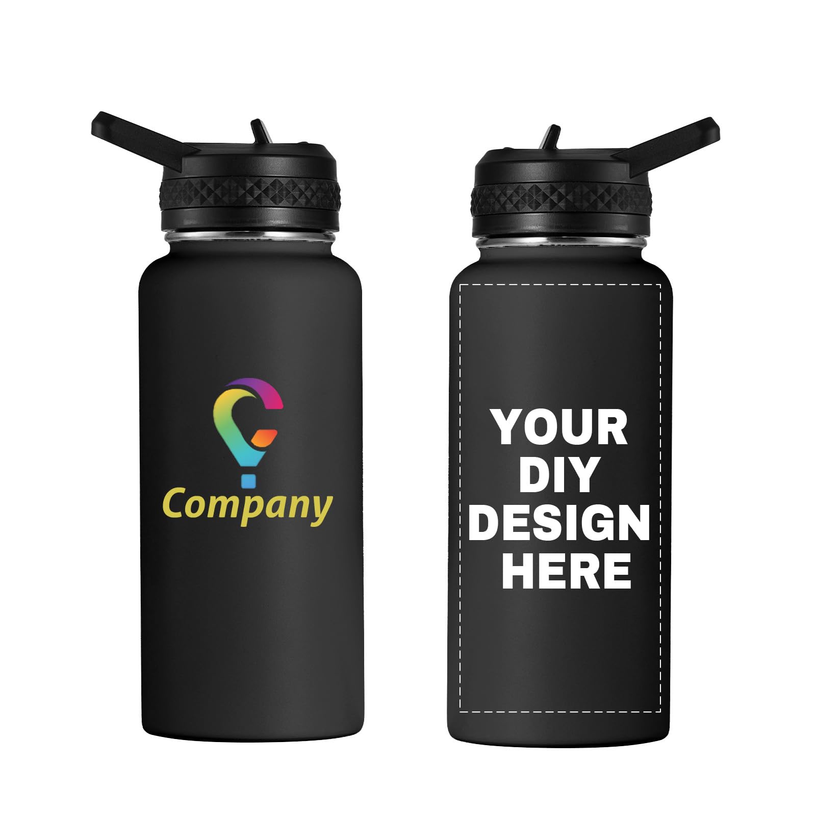 Personalized Custom Water Bottles with Text Logo Print in USA 32oz 10 Pcs Double Wall Stainless Steel Leakproof Wide Mouth Cups with Flip Straw