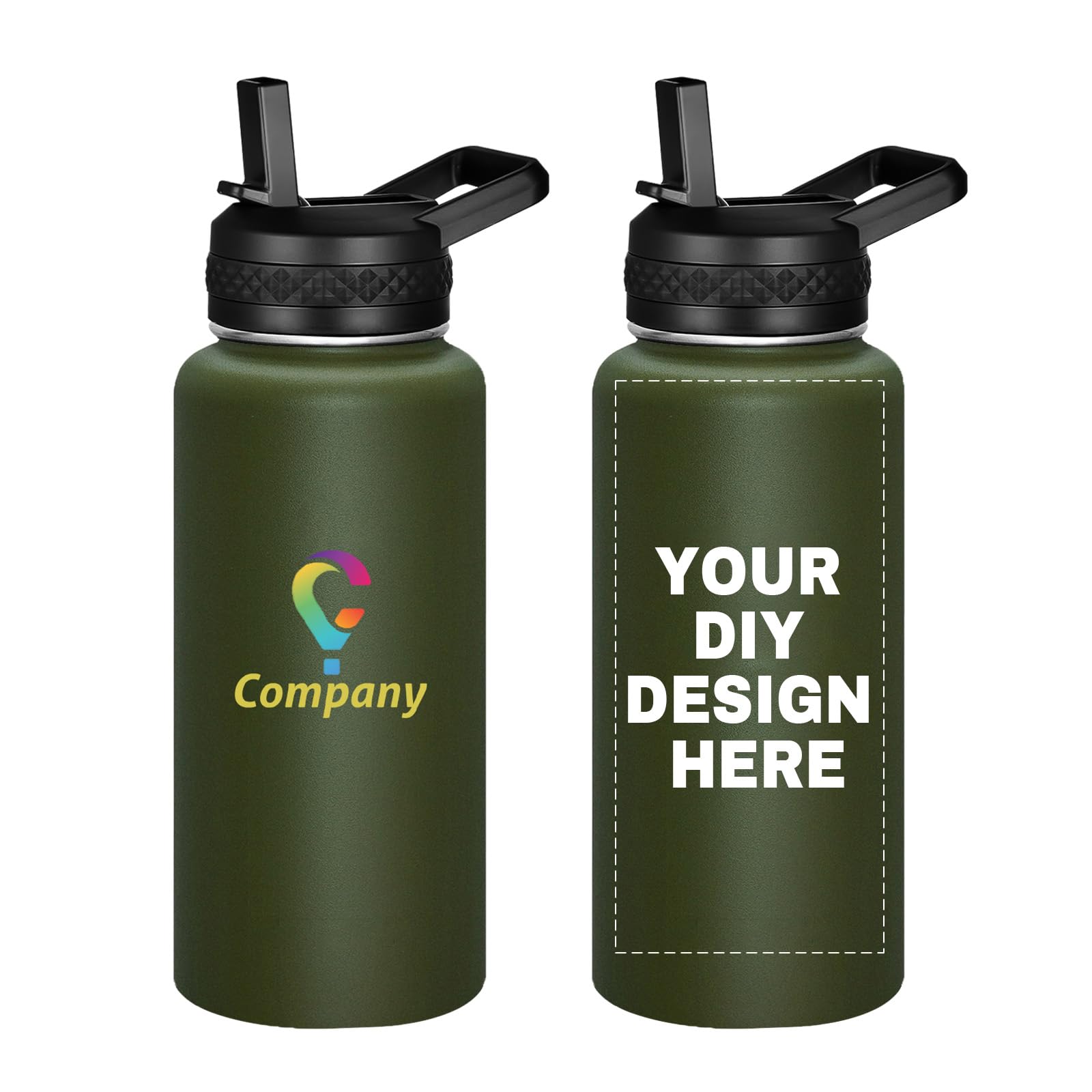Personalized Custom Water Bottles with Text Logo Print in USA 32oz 10 Pcs Double Wall Stainless Steel Leakproof Wide Mouth Cups with Flip Straw