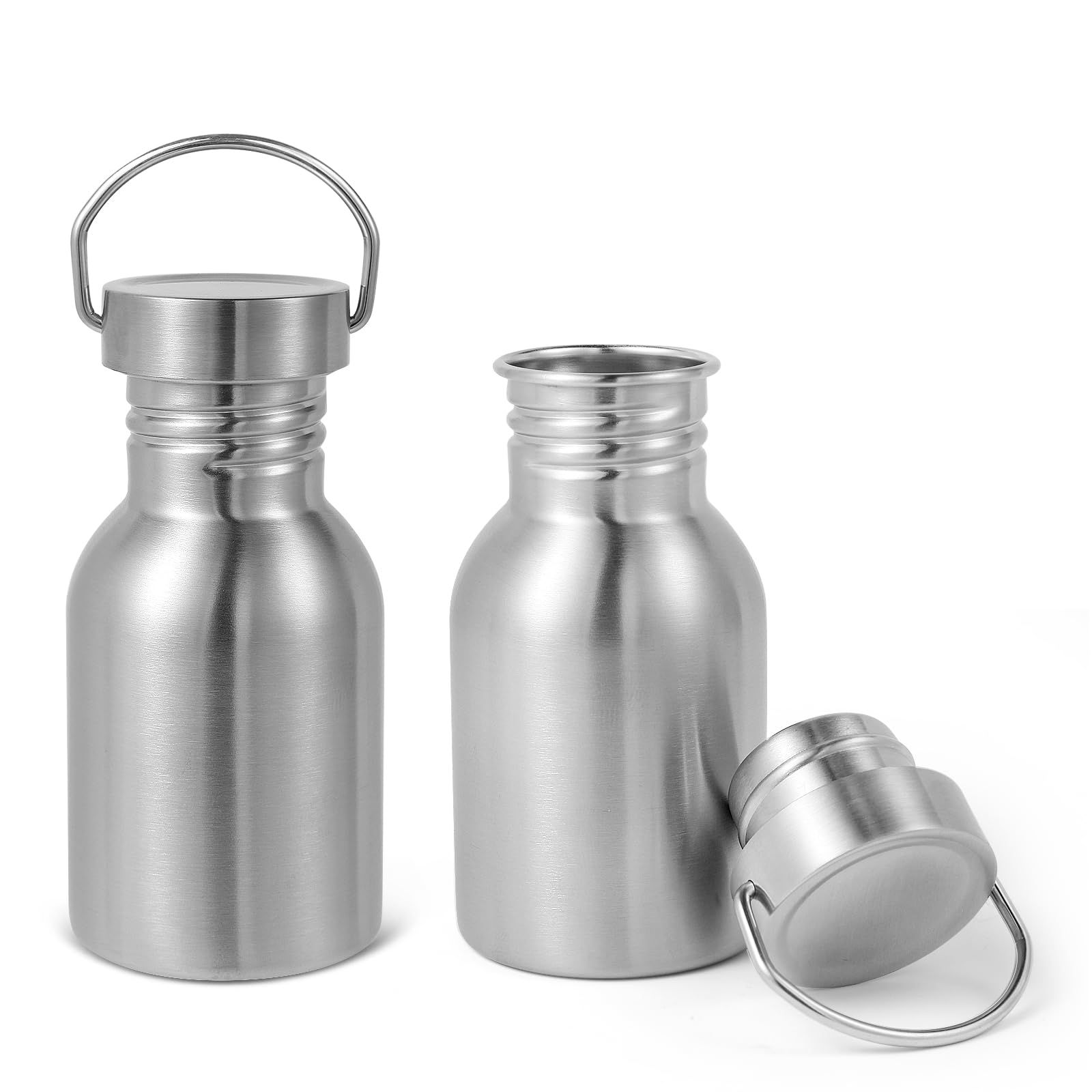 Volhoply 12oz Uninsulated Single Walled Water Bottle, Stainless Steel Reusable Water Bottles with Handle, BPA Free & Plastic Free 18/8 304 Metal Water Bottles for Camping, Hikers, Cyclists