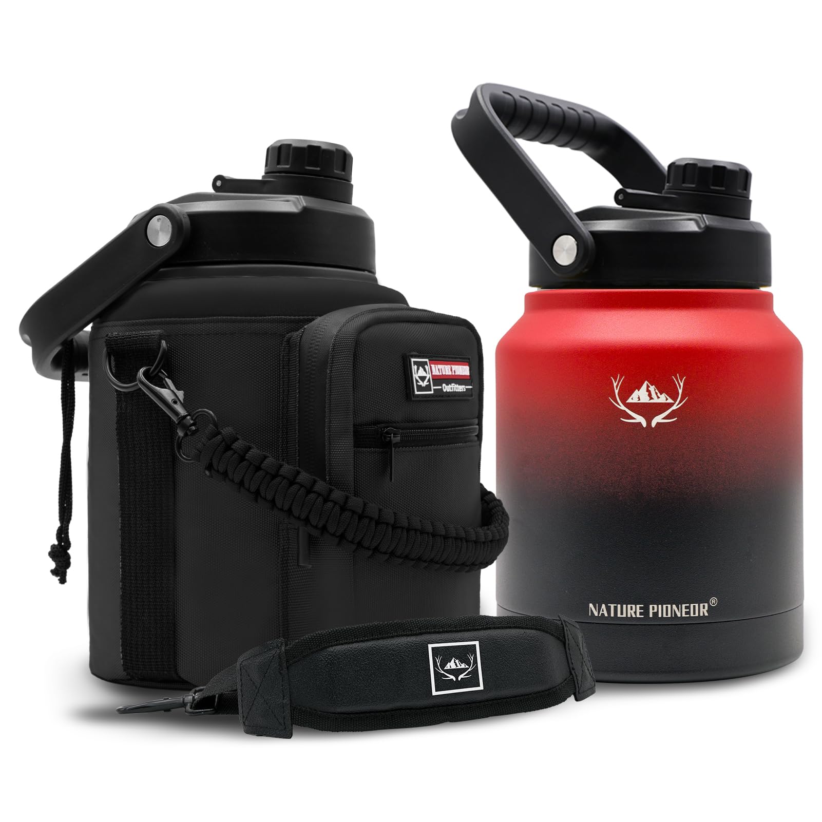 NATURE PIONEOR 1 Gallon Insulated Water Bottle - Double Vacuum Stainless Steel 128 oz Water Bottle with Holder/Carrier, Wide Mouth 1 gallon Water Jug for Outdoor Sports, Hiking, Camping, Gym
