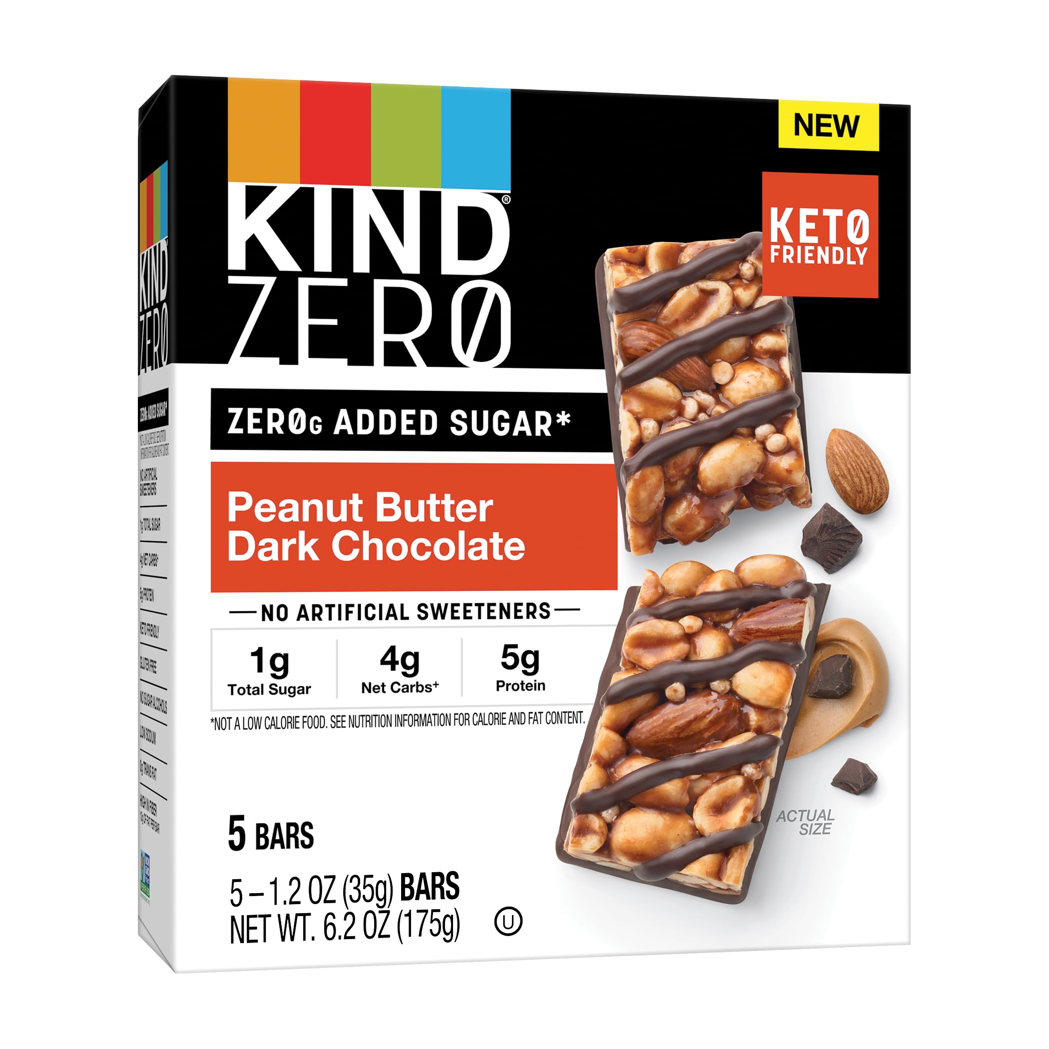 KIND ZERO Added Sugar Bars, Dark Chocolate Nuts and Sea Salt, Keto Friendly Snacks, Gluten Free, 5g Protein, 5 Count