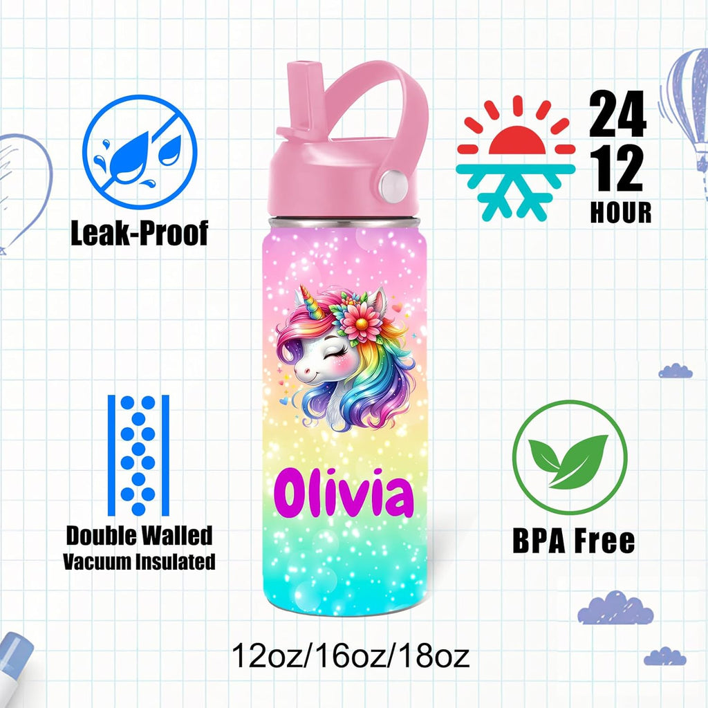Custom Personalized Water Bottle for Kids Customized Water Bottles with Name Customizable Stainless Steel Insulated Cups 12/16/18/24/32/40 oz for School Girls Boys Toddler