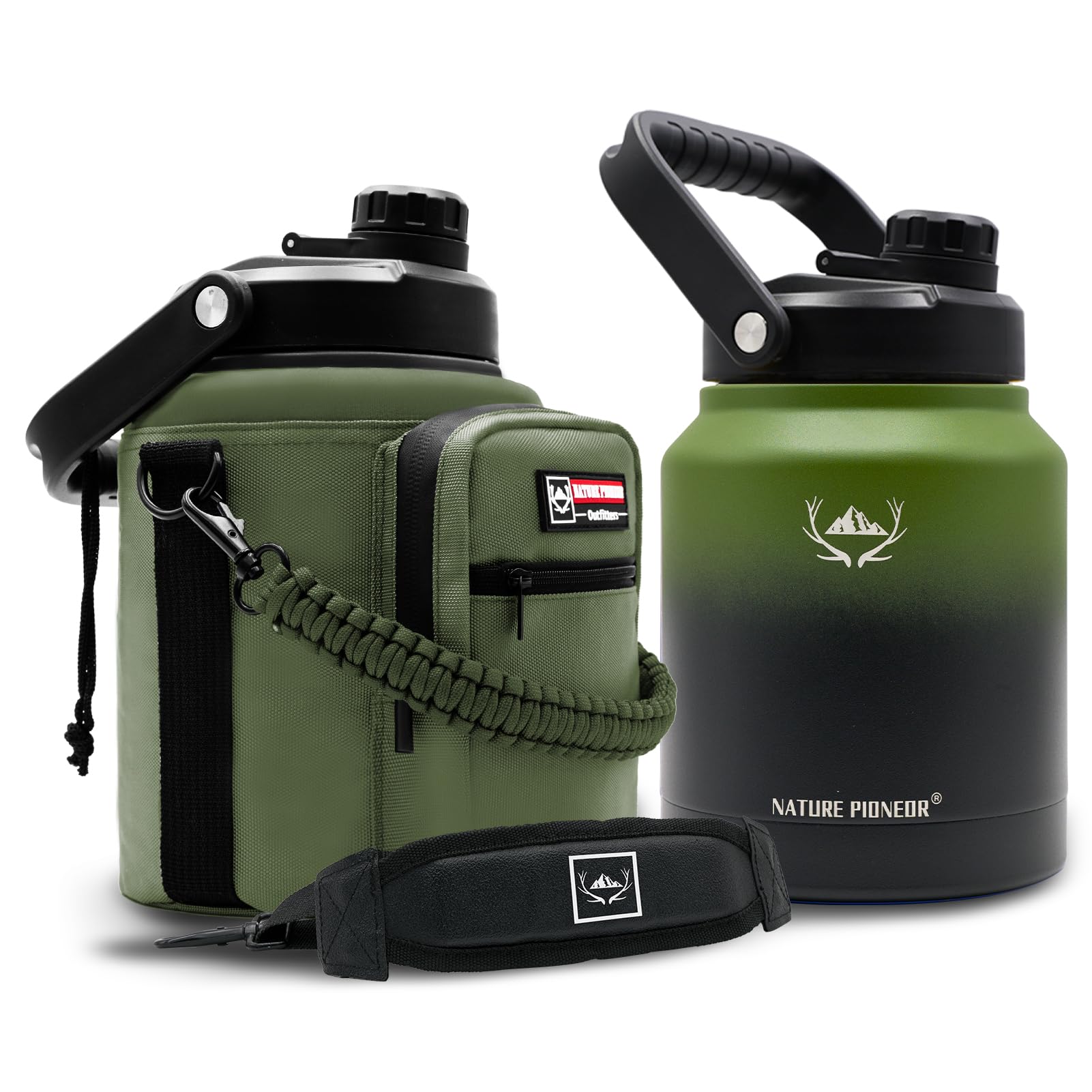 NATURE PIONEOR 1 Gallon Insulated Water Bottle - Double Vacuum Stainless Steel 128 oz Water Bottle with Holder/Carrier, Wide Mouth 1 gallon Water Jug for Outdoor Sports, Hiking, Camping, Gym