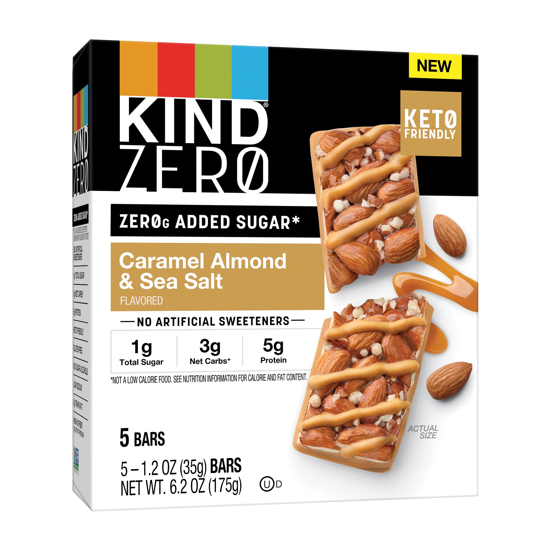 KIND ZERO Added Sugar Bars, Dark Chocolate Nuts and Sea Salt, Keto Friendly Snacks, Gluten Free, 5g Protein, 5 Count