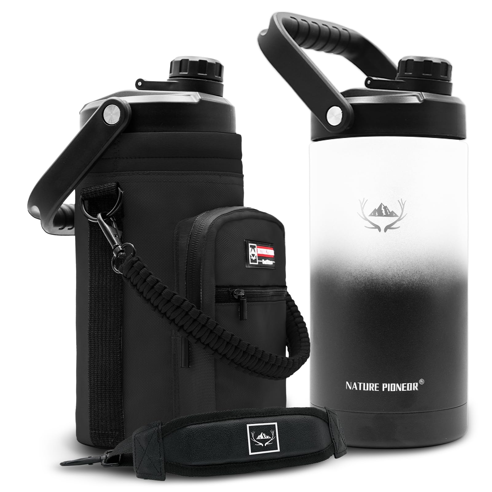 NATURE PIONEOR 1 Gallon Insulated Water Bottle - Double Vacuum Stainless Steel 128 oz Water Bottle with Holder/Carrier, Wide Mouth 1 gallon Water Jug for Outdoor Sports, Hiking, Camping, Gym