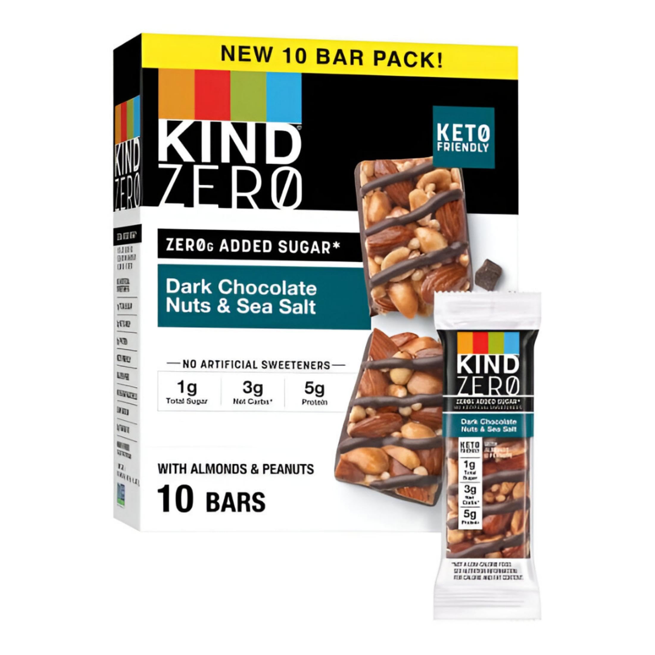 KIND ZERO Added Sugar Bars, Dark Chocolate Nuts and Sea Salt, Keto Friendly Snacks, Gluten Free, 5g Protein, 5 Count