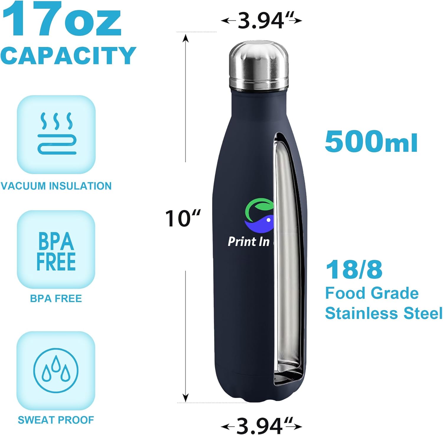 Personalized Custom Print in USA Water Bottles 25Pcs 17oz Stainless Steel Double Wall Insulated Leakproof Cups for Sports Outdoors With Colorful Text Logo