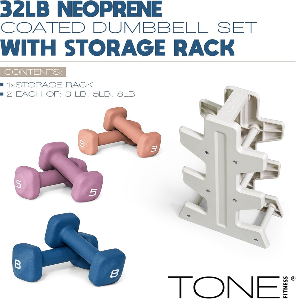 Tone Fitness Neoprene Dumbbell Set with Storage Rack – Non-Slip, Anti-Roll Hand Weights for Home Gym Workouts | 20 lb, 32 lb, 50 lb, 60 lb & 100 lb Options