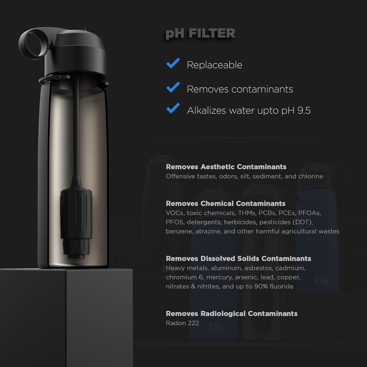 BLU ALL-IN-ONE | Vacuum Insulated Stainless Steel Water Bottle Flask With a pH Filter (26oz) | Made in the USA | Alkaline Water Filter Bottle | Removes 99.99% contaminants (pH - Blue)