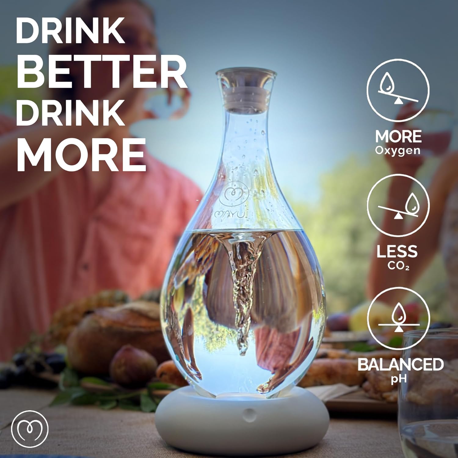 MAYU Swirl Structured Water Carafe - Innovative Vortex Technology Handblown Pitcher. Post Reverse Osmosis Filter Aerating Water Dispenser Stand 1.5 Liter| 51 Oz Dining Glass Jug Design (Earth Base)