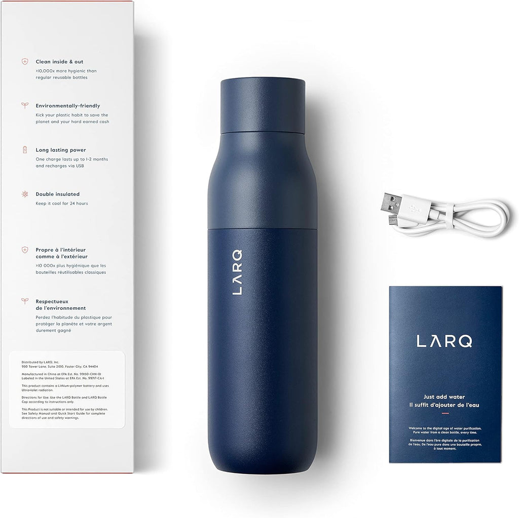 LARQ Bottle PureVis 17 oz - Self-Cleaning and Insulated Stainless Steel Water Bottle with UV Water Purifier and Award-winning Design | Reusable & Travel Friendly, Monaco Blue