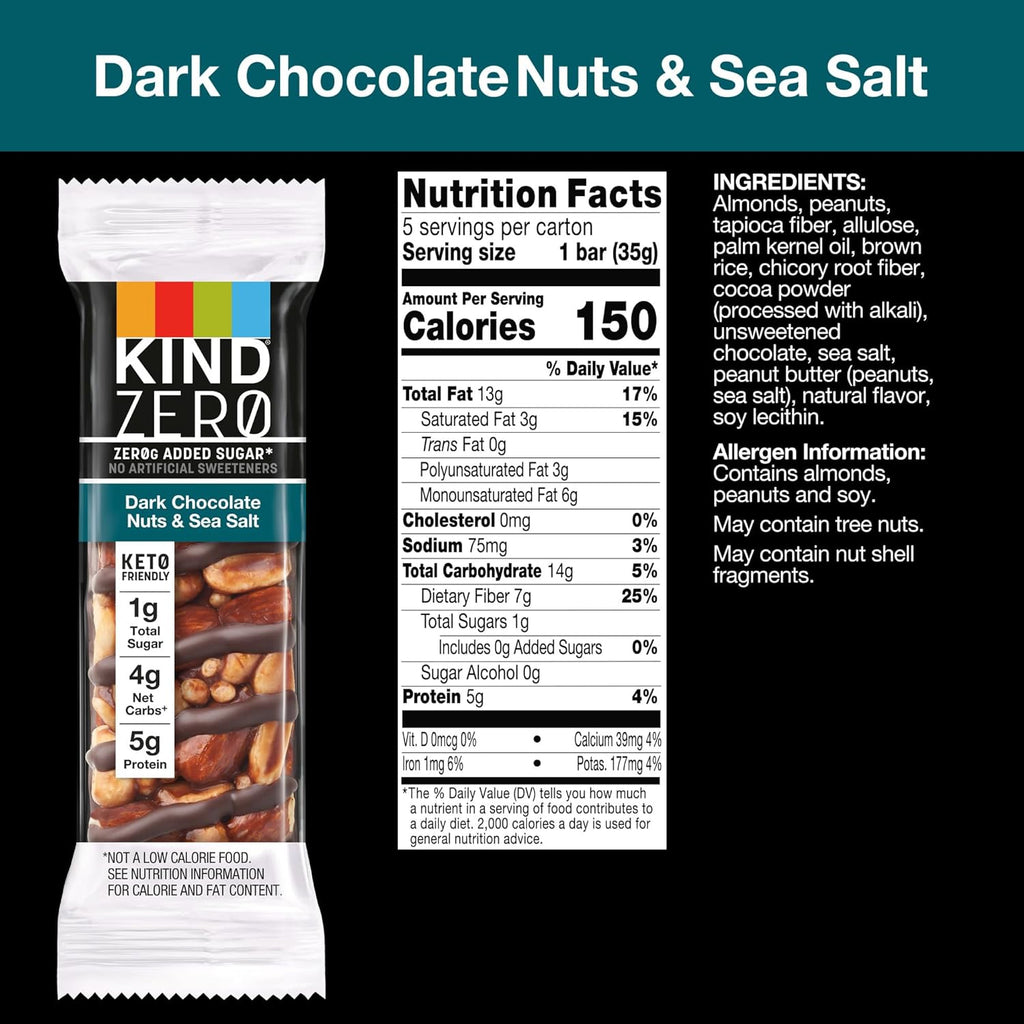 KIND ZERO Added Sugar Bars, Dark Chocolate Nuts and Sea Salt, Keto Friendly Snacks, Gluten Free, 5g Protein, 5 Count