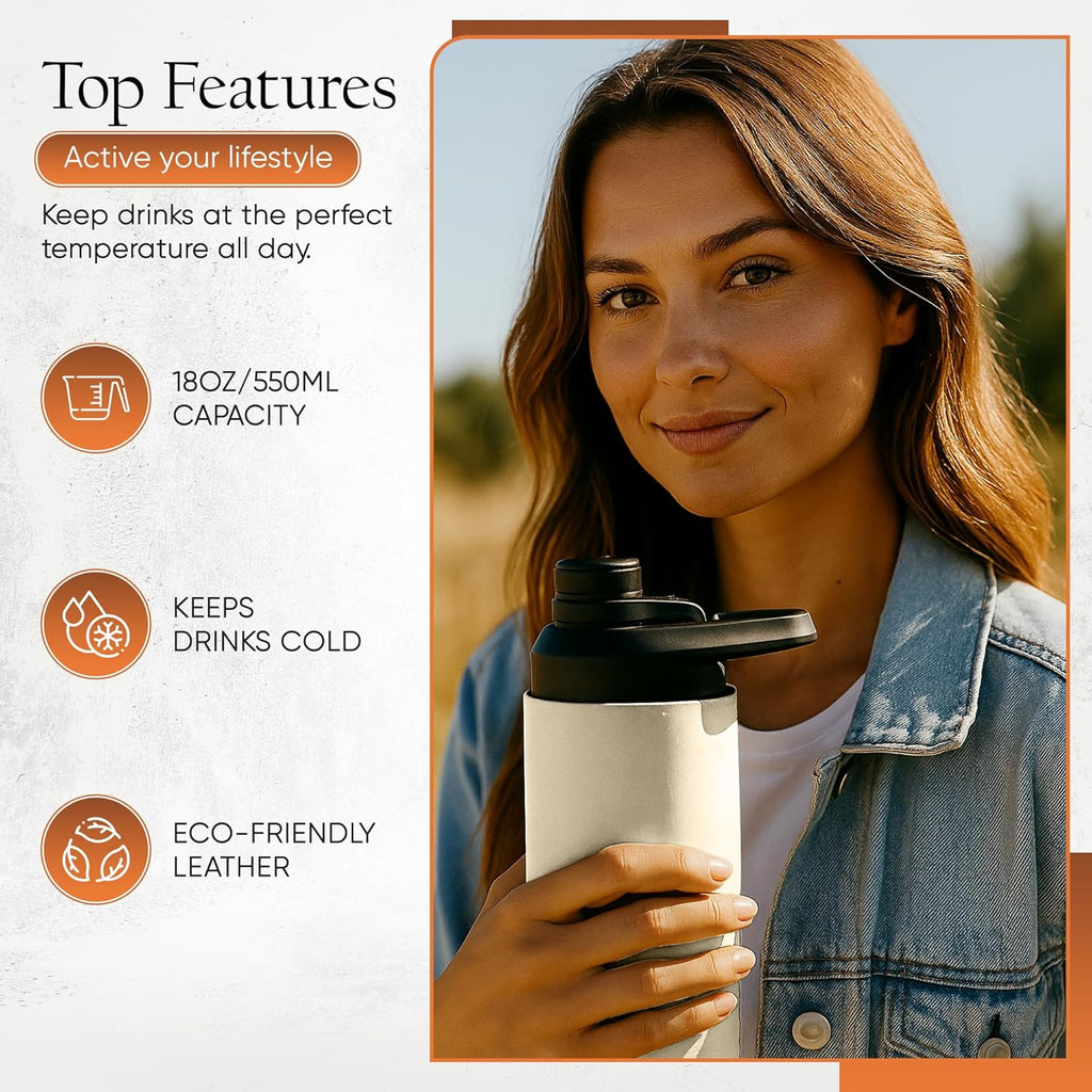 Reusable Water Bottle Leather Flask – 18Oz Stainless Steel Bottle with Genuine Handmade Leather Pouch – Double Wall Insulated Design with Wide Mouth – Leakproof Lid and Ergonomic Handle