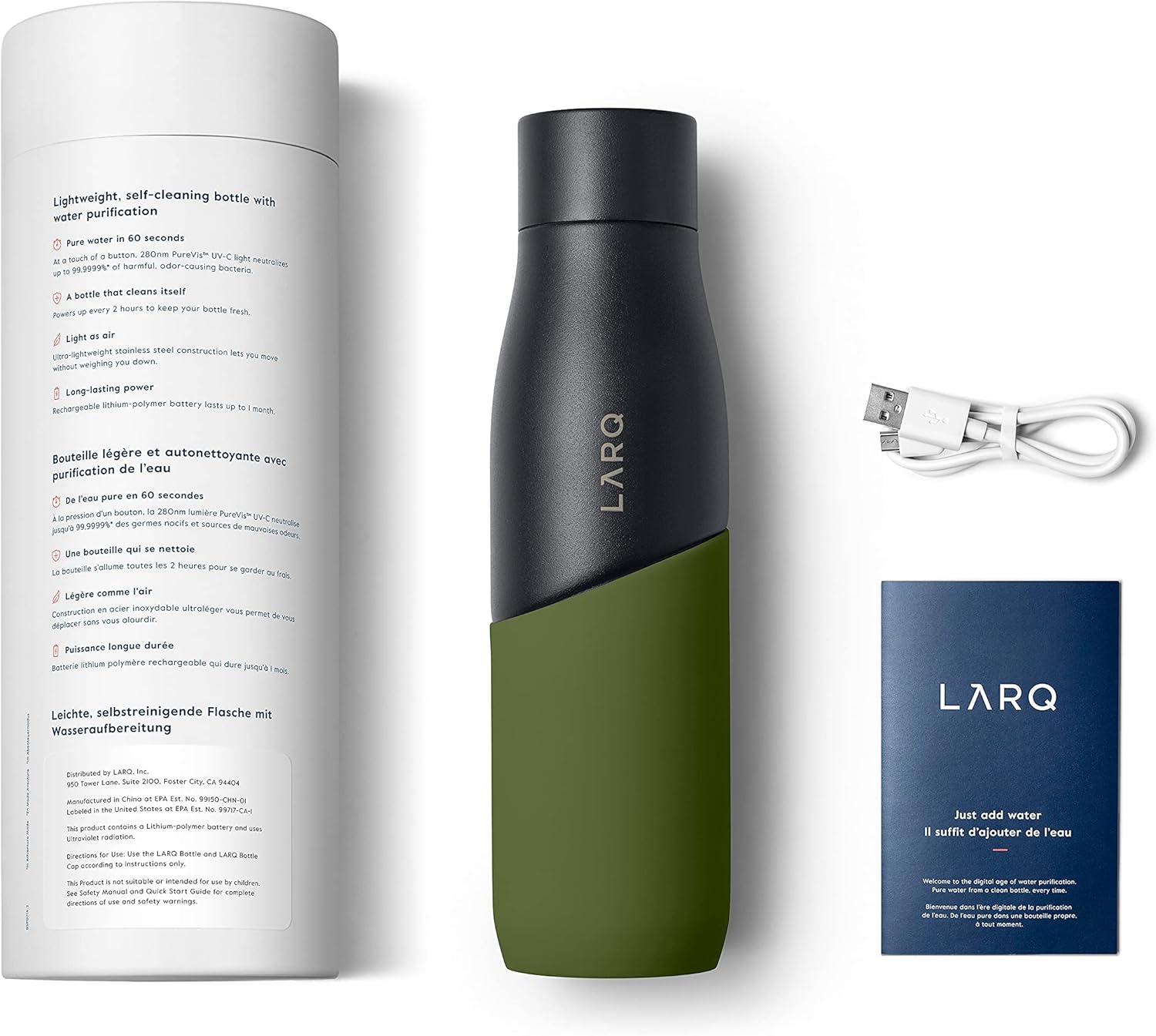 LARQ Bottle Movement PureVis 24 oz- Lightweight Self-Cleaning and Non-Insulated Stainless Steel Water Bottle with UV Water Purifier | Reusable & Travel Friendly, Black/Pine