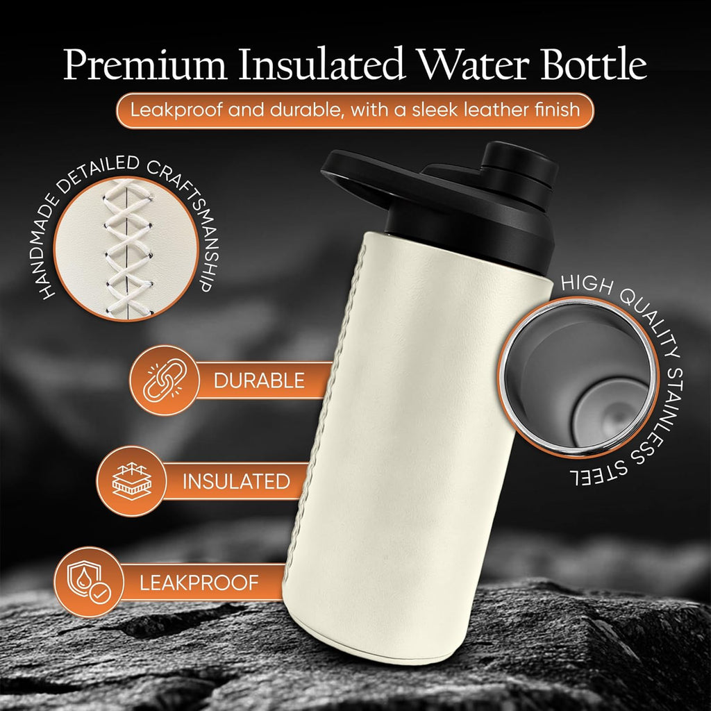 Reusable Water Bottle Leather Flask – 18Oz Stainless Steel Bottle with Genuine Handmade Leather Pouch – Double Wall Insulated Design with Wide Mouth – Leakproof Lid and Ergonomic Handle