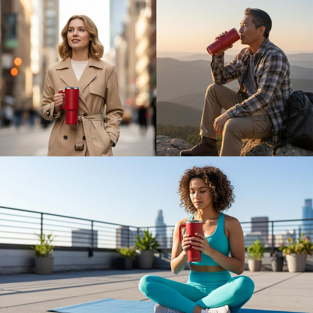 40 Oz Tumbler with Handle, Straw and Slide Lid - 100% Leak Proof, Cup Holder Compatible for Travel - Insulated Stainless Steel Cup (Sand, 4 Pack)